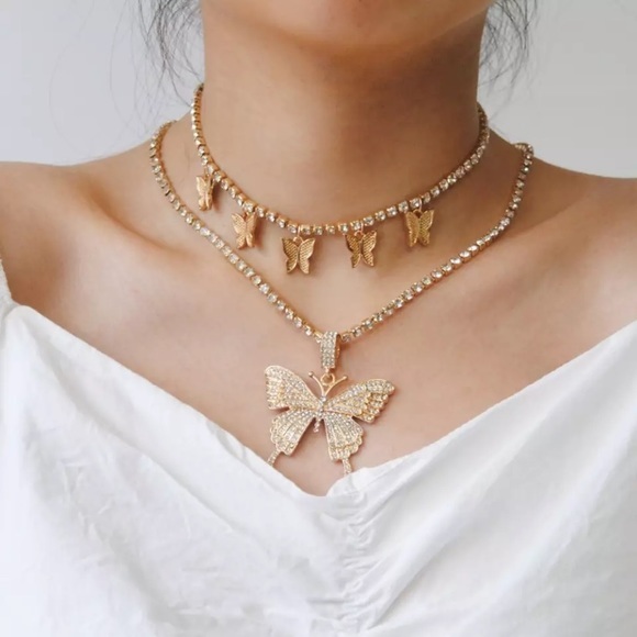 HP🦋STUNNING RHINESTONE BUTTERFLY GOLD CHOKER 2 PIECE SET - Picture 6 of 13